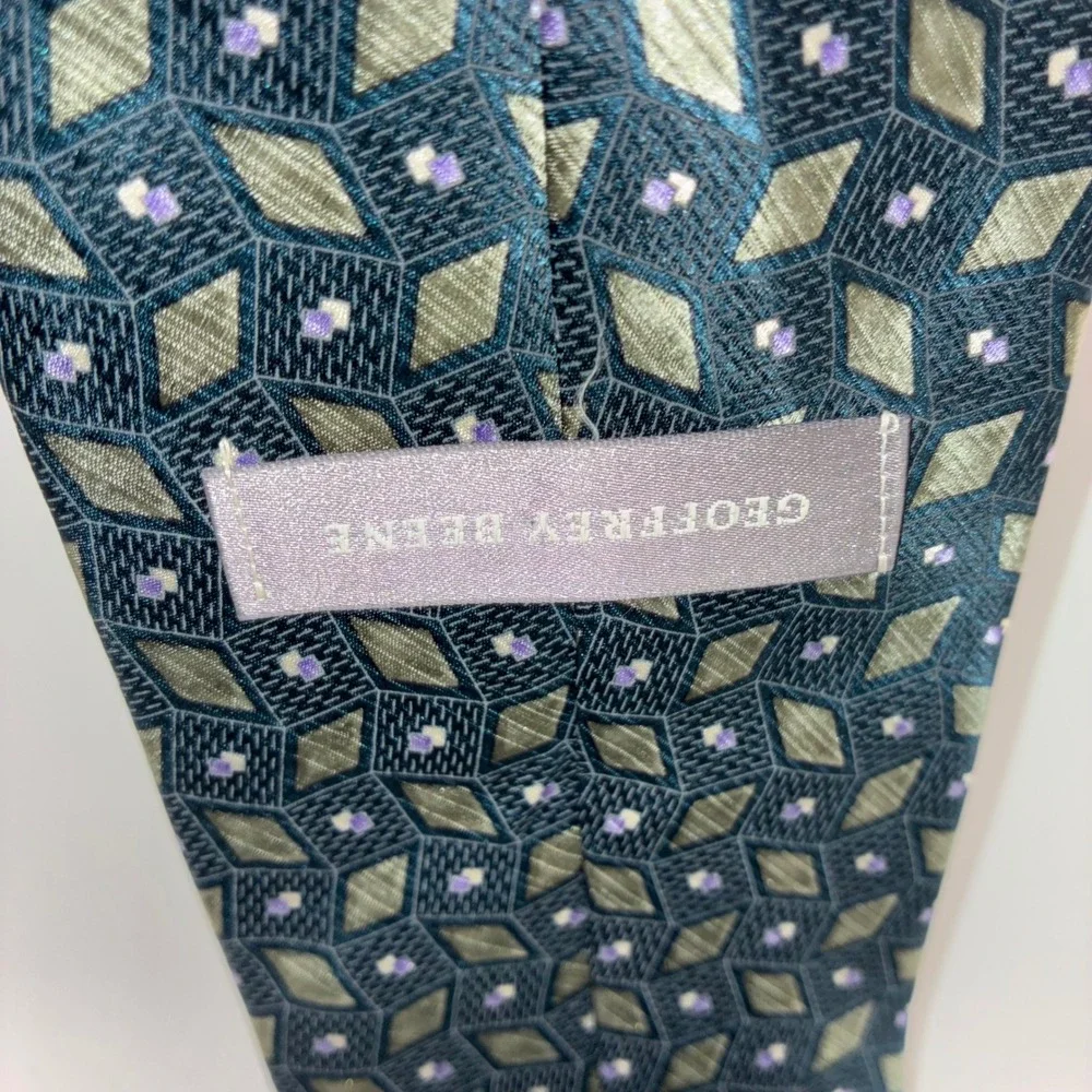 Geoffrey Beene Men Silk Tie Lot of 3 Geometric Abstract Blue Black Teal Neckties